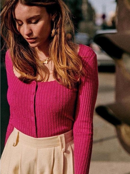 Sezane Sweaters - Sezane Ribbed Square-Neck Cardigan in Fuchsia Pink